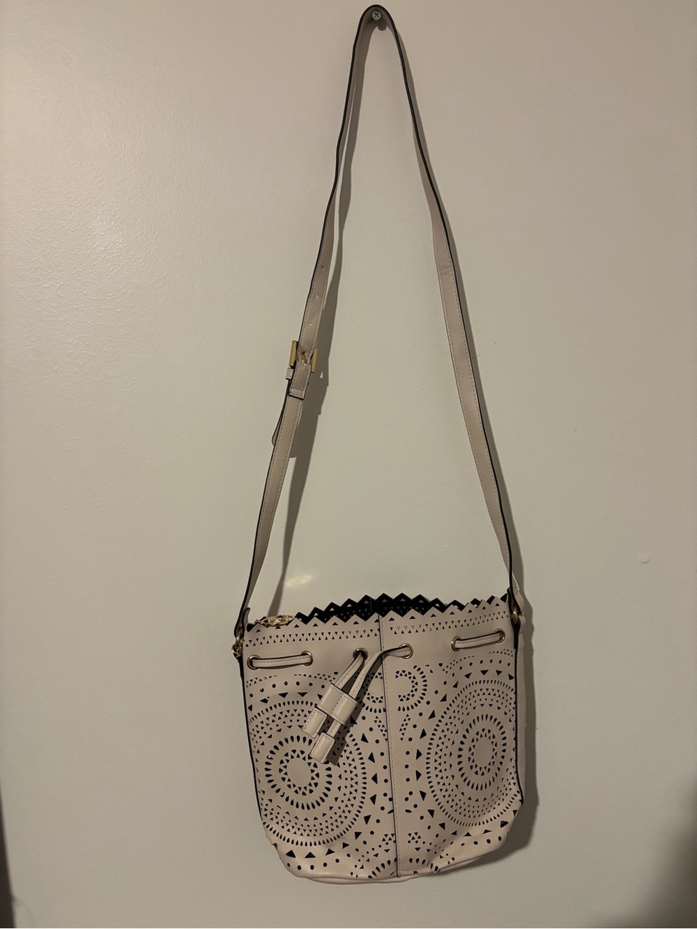Beige Laser-Cut Bucket Crossbody Bag with Adjustable Strap